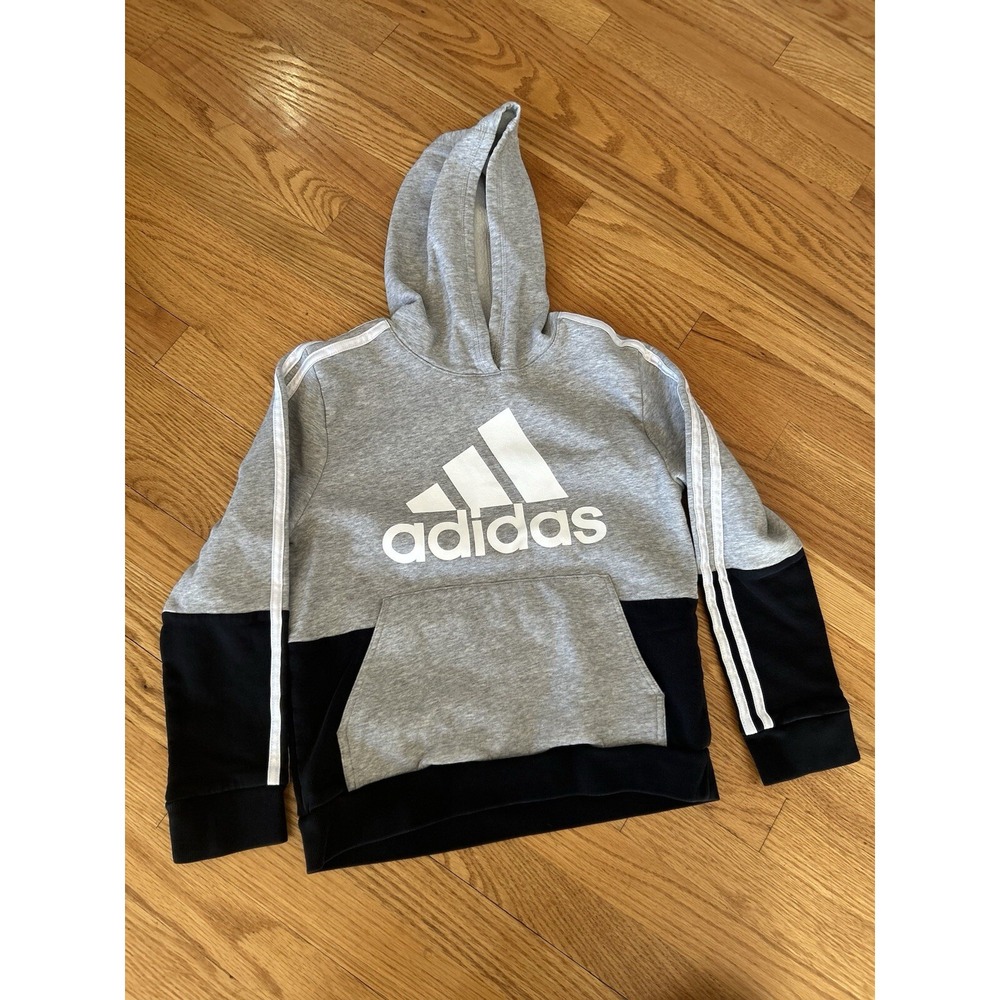 Adidas Sweatshirt Youth Medium Gray Hoodie w Pouch Spell Out Logo